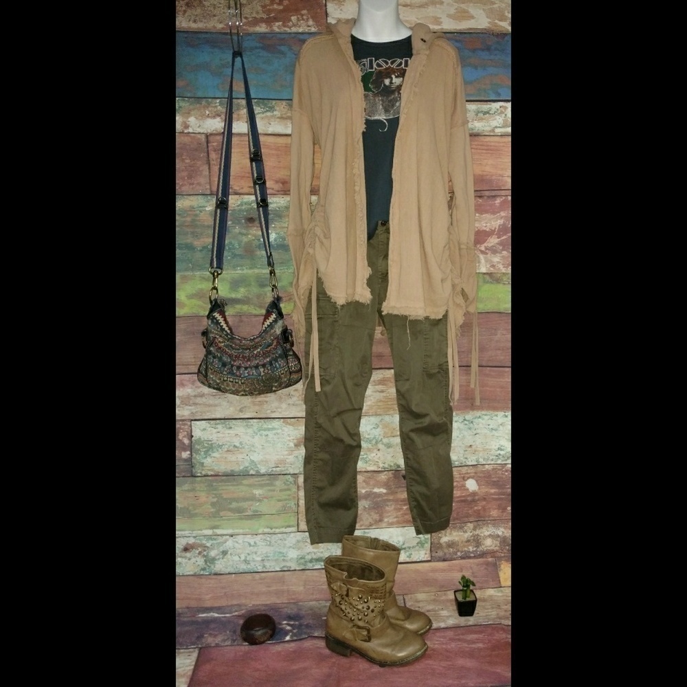 Free People Baggy Hoodie Camel Fray Tie Sleeves XS